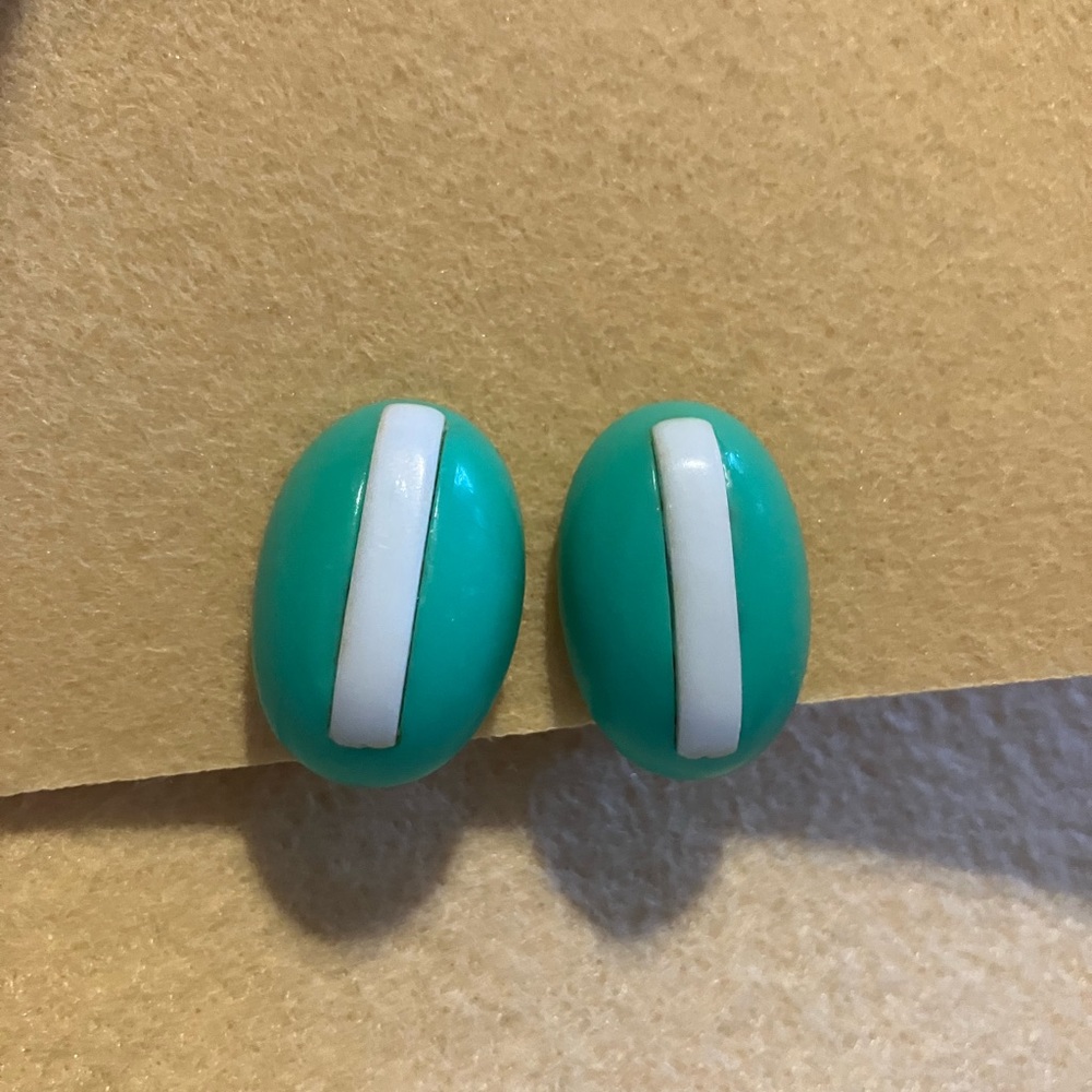 Vintage Teal and White Oval Earrings with Glossy Finish